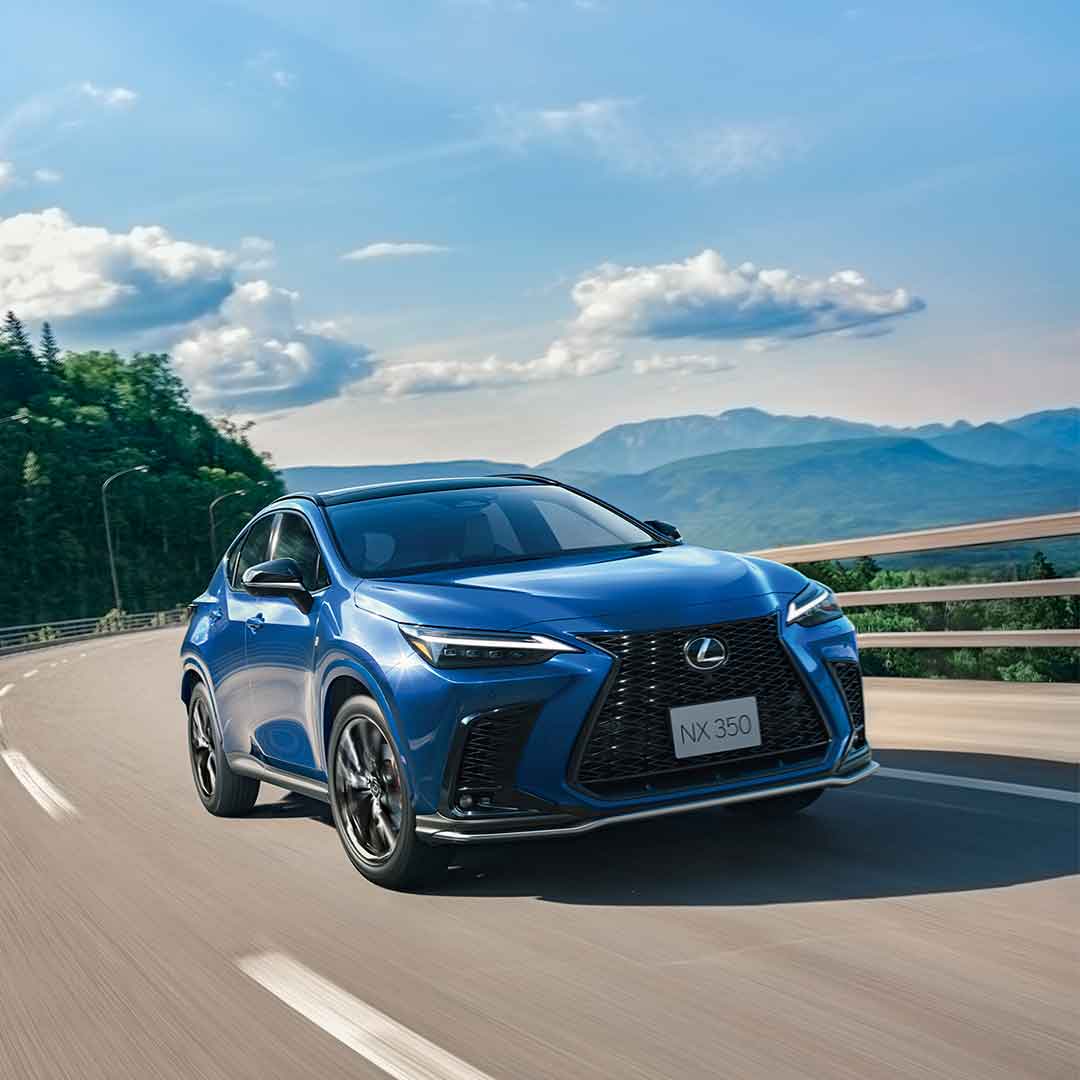 NX drives along a road, mountains in the background.