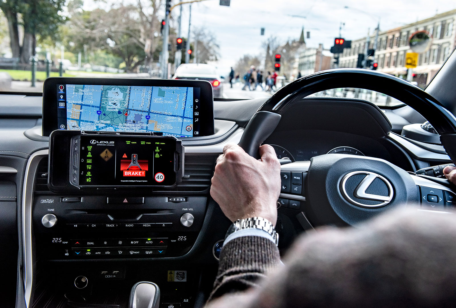 The specially prepared Lexus RX 450h fitted with Dedicated Short Range Communication (DSRC) and cellular network technologies.